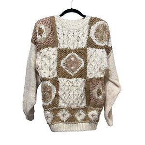 VTG Needles & Yarn Patchwork Knit Ramie Blend Sweater Beige/Brown Shoulder Pads